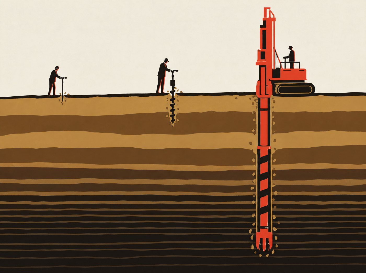 Men drill small holes into layered ground beside a large red drilling rig