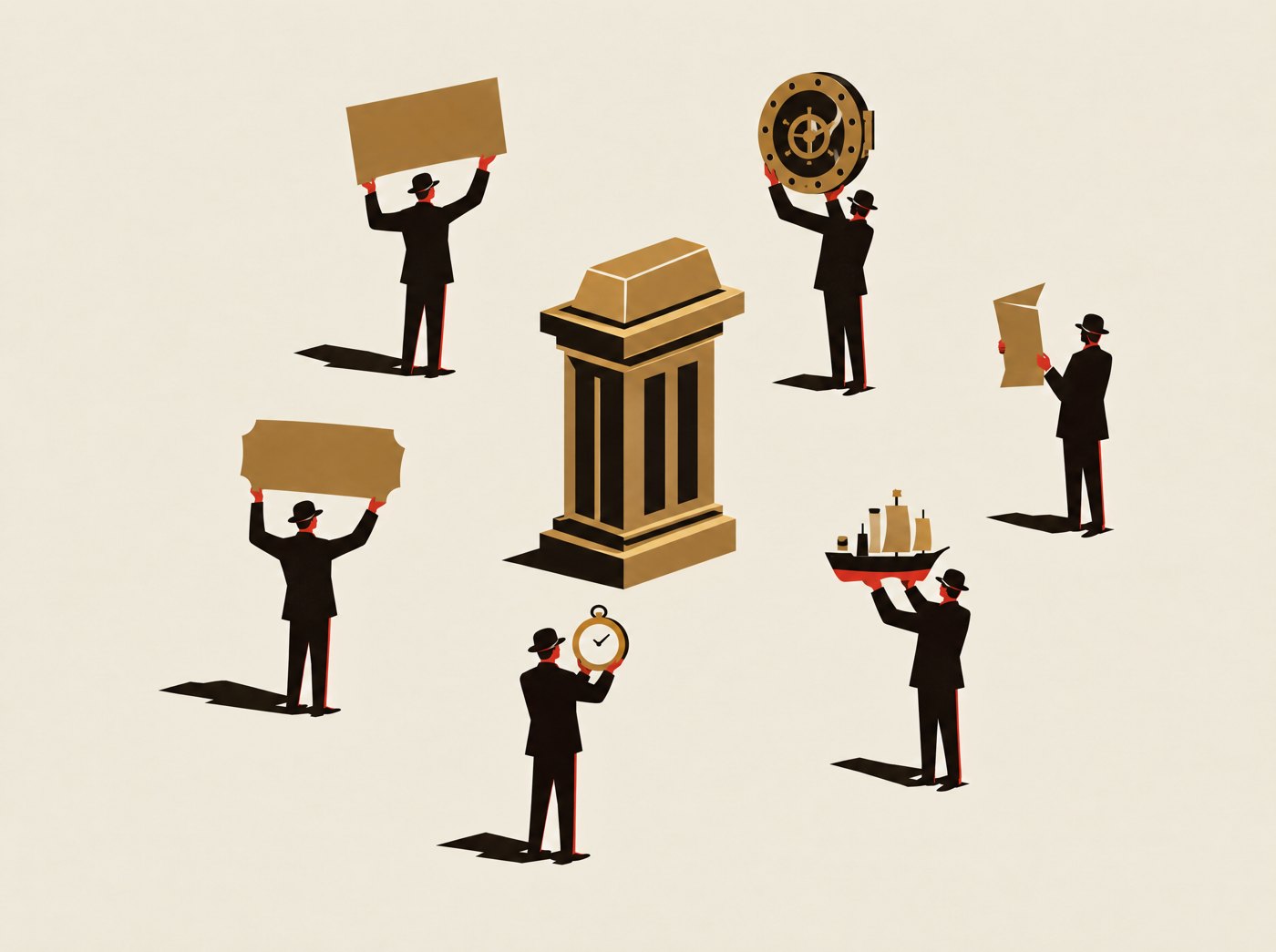 Men in bowler hats hold up gold bars, a vault door, a ship and a watch around a gold bar on a plinth