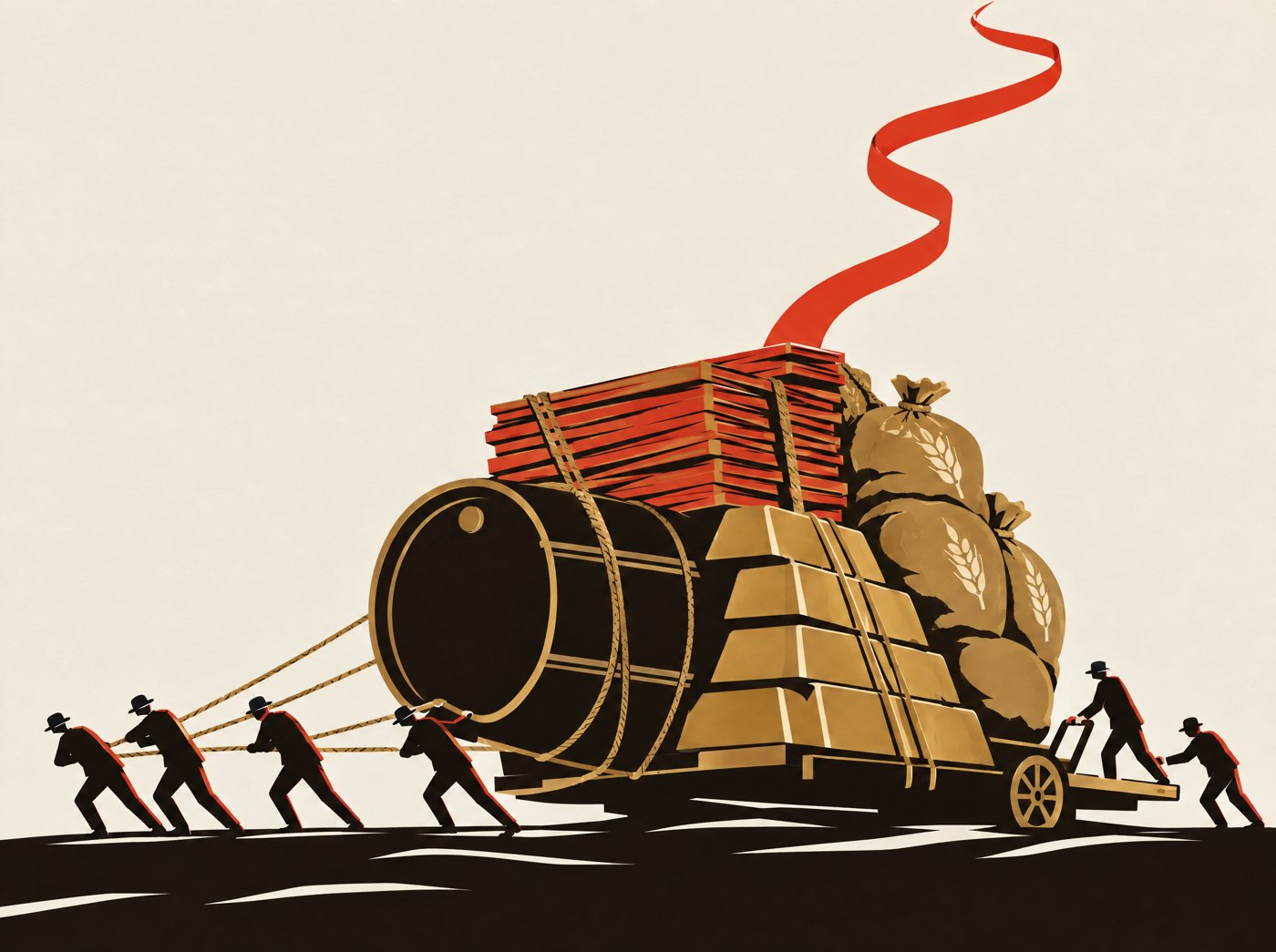 Men haul a cart piled with an oil barrel, copper, grain sacks and gold, tied with a red ribbon