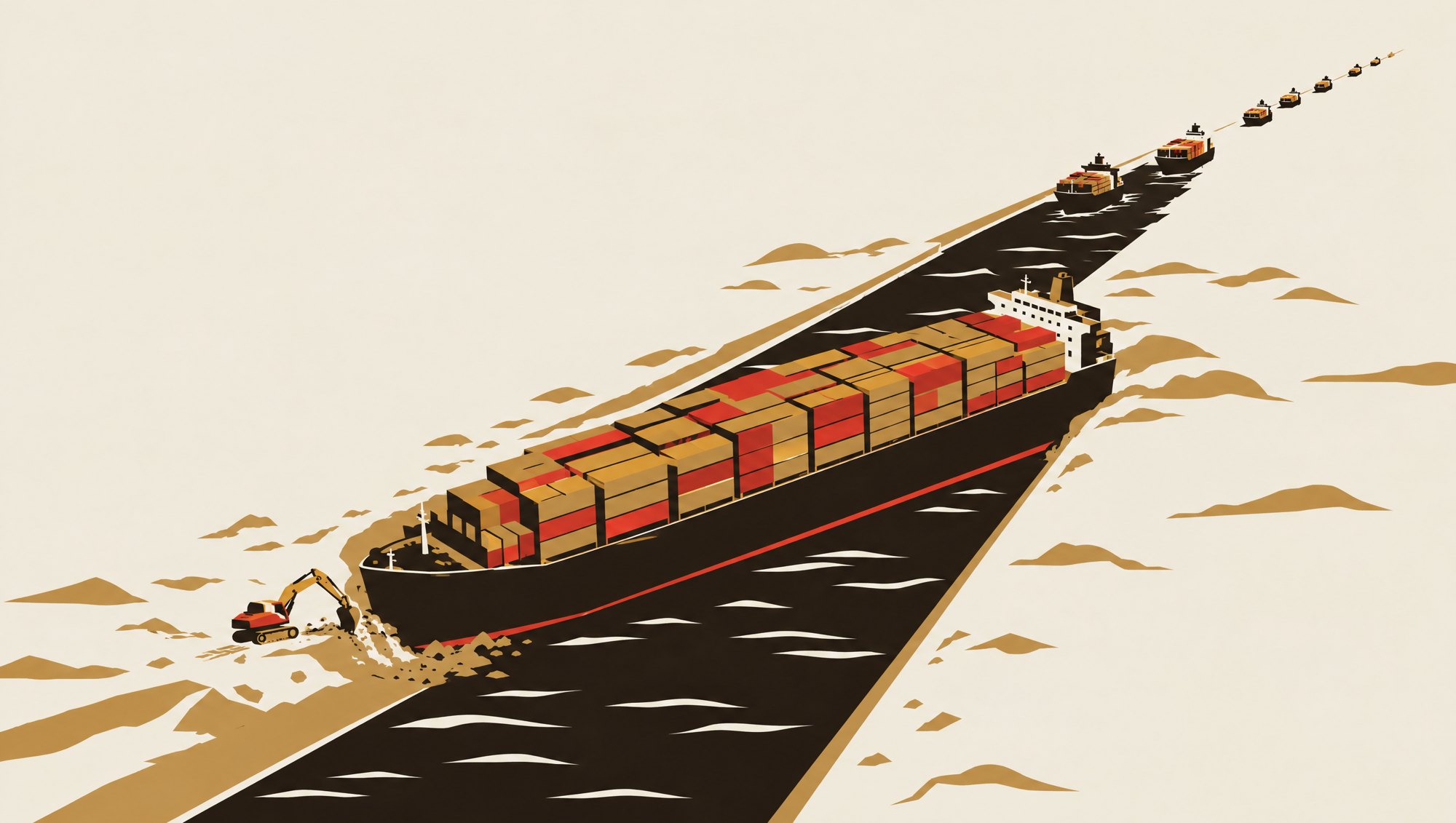 A container ship wedged across a canal, a digger at its bow and a line of ships waiting behind