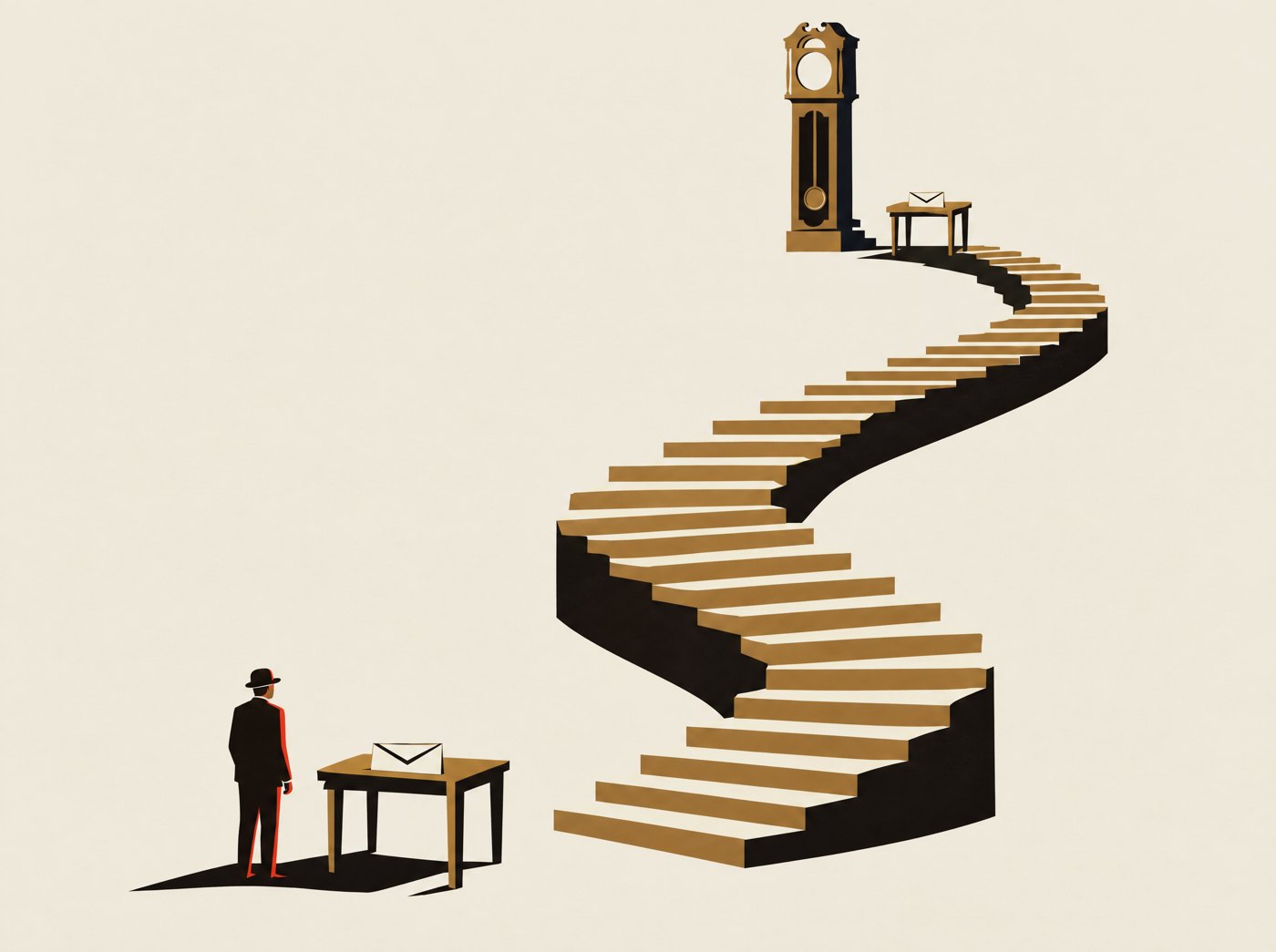 A man with a letter stands at the foot of a long spiral staircase that climbs to a grandfather clock
