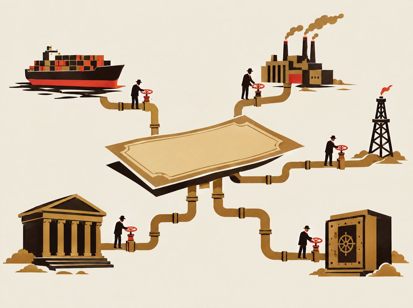 Pipes with red valves connect a banknote to a bank, a factory, a ship, an oil derrick and a vault