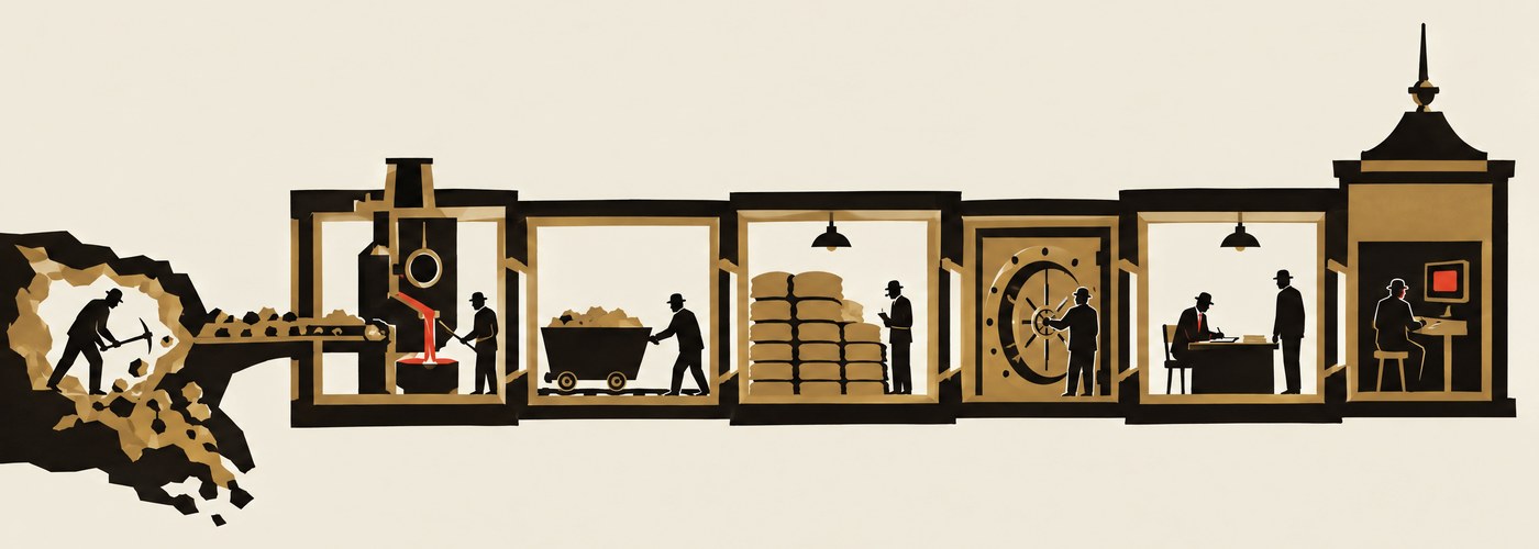 A cutaway row of rooms from a mine to a screen: smelter, cart, warehouse, vault, desk and terminal
