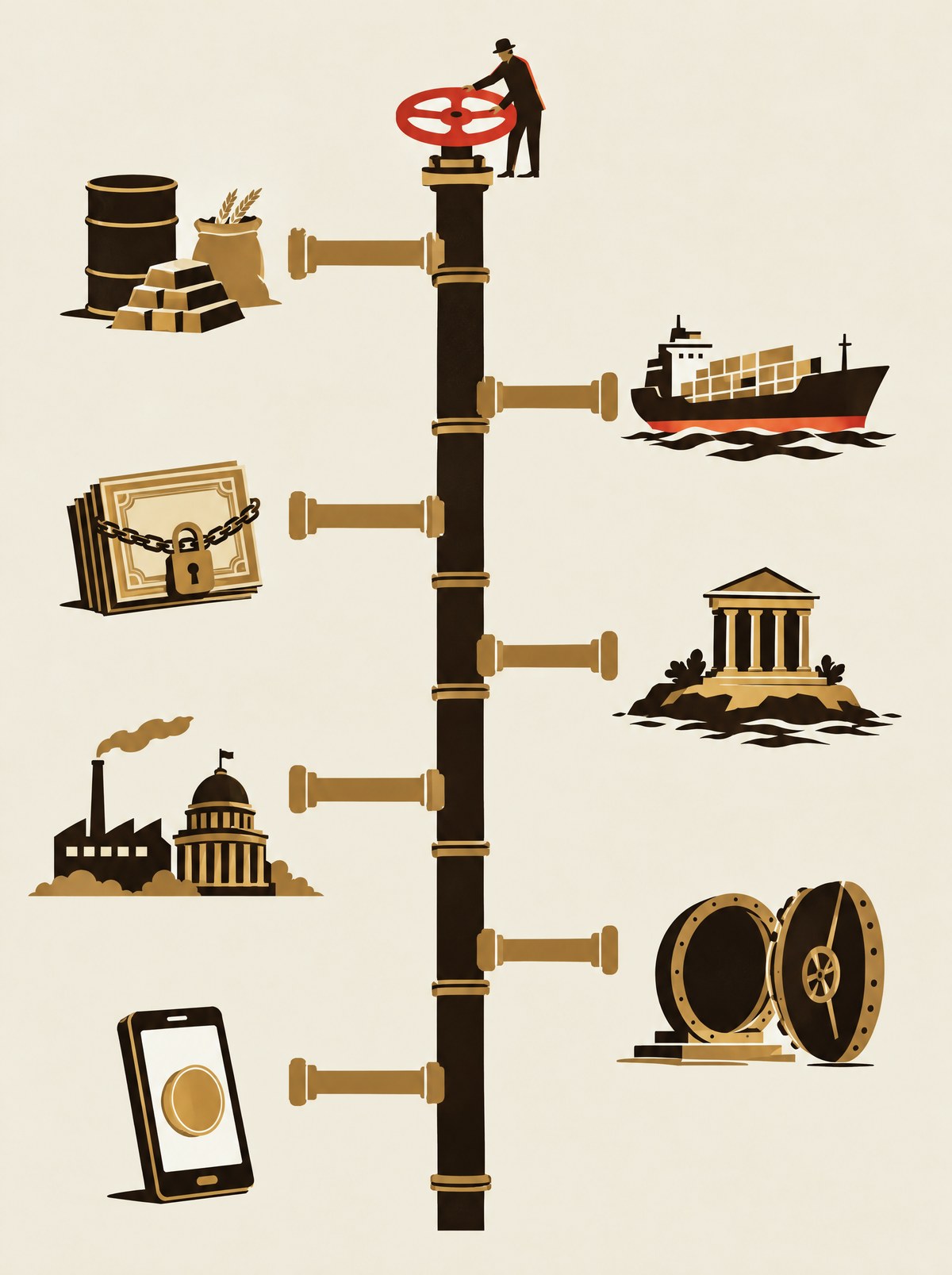 A main pipe with a red valve feeds seven branches: commodities, a cargo ship, chained bonds, an island bank, a factory and a capitol, a vault, a phone with a coin