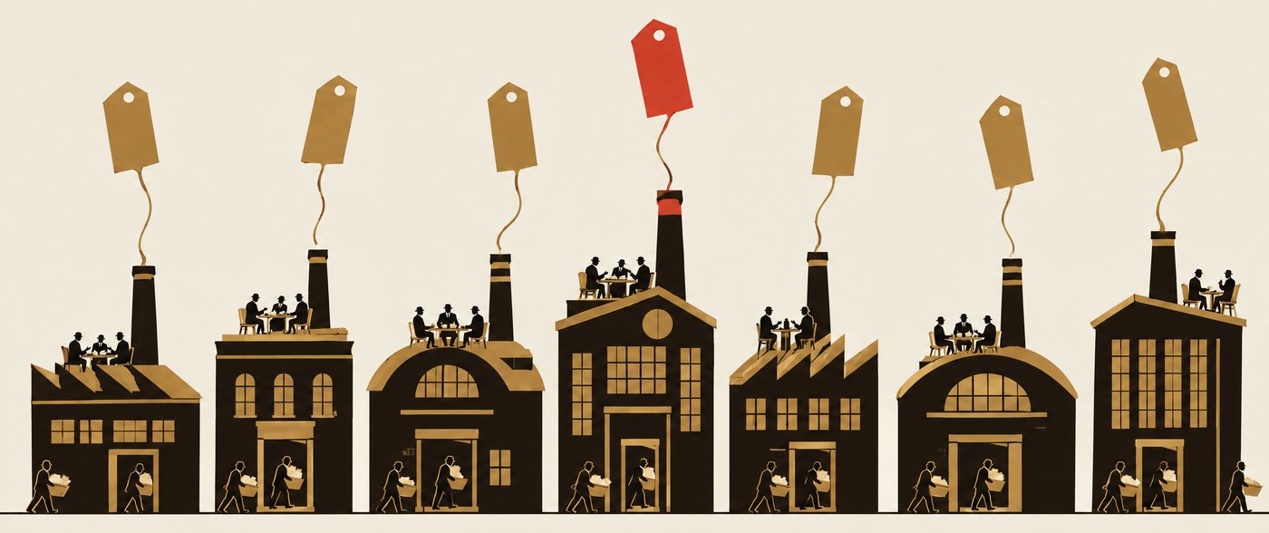 Seven factories in a row, each sending up a paper tag from its chimney