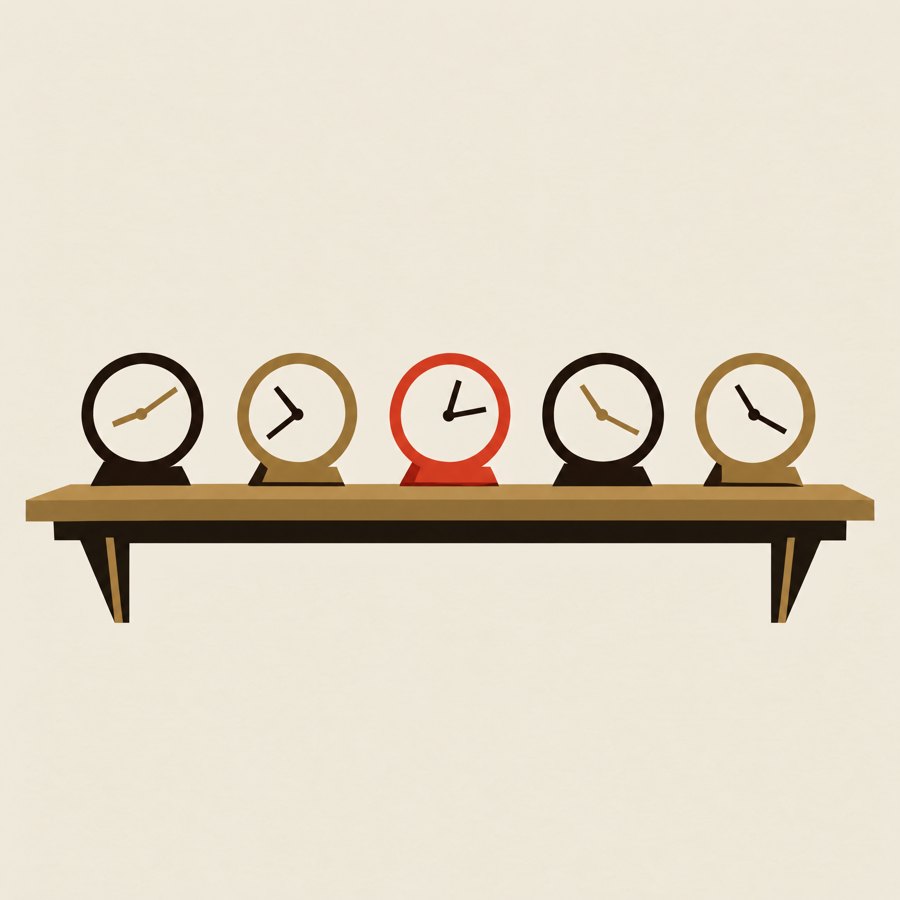Five clocks on a shelf, each showing a different time