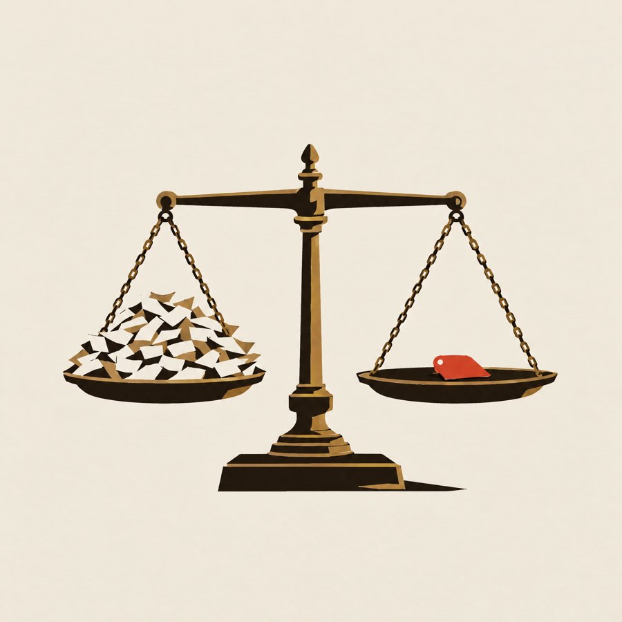 A balance scale weighing piles of paper slips