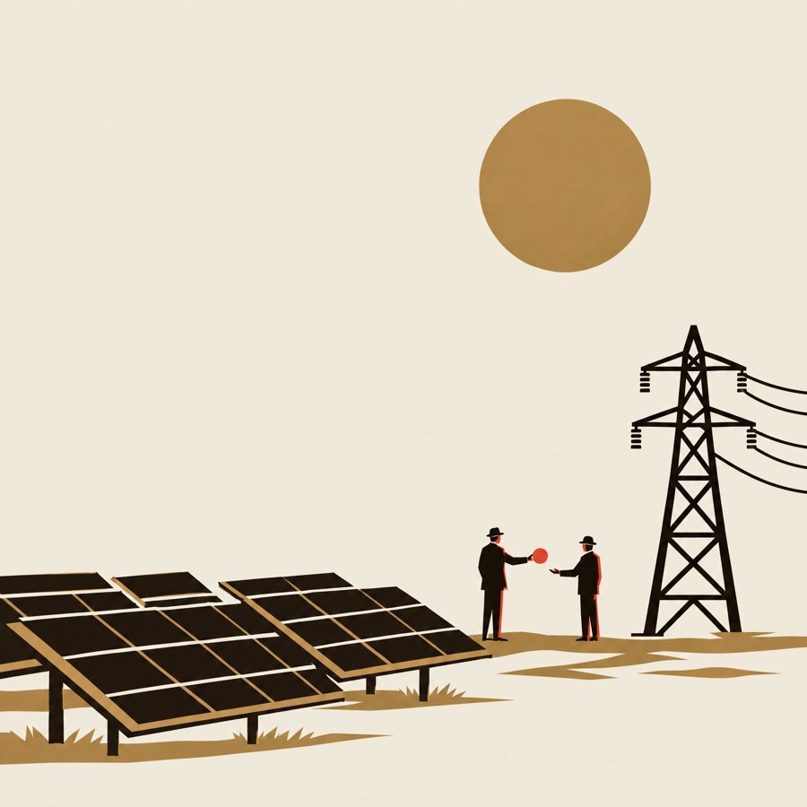 Solar panels and an electricity pylon under a low sun