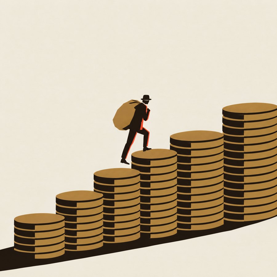 A man carries a sack up a staircase of stacked gold coins
