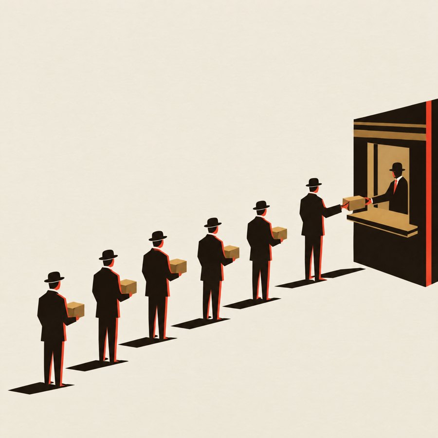 A queue of men waiting at a ticket window
