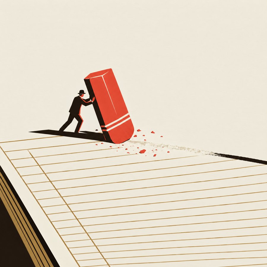 A man pushes a giant eraser across a printed tape