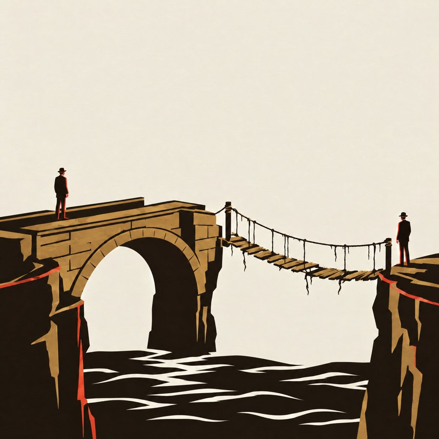 A figure crossing a rope bridge that sags between two cliffs