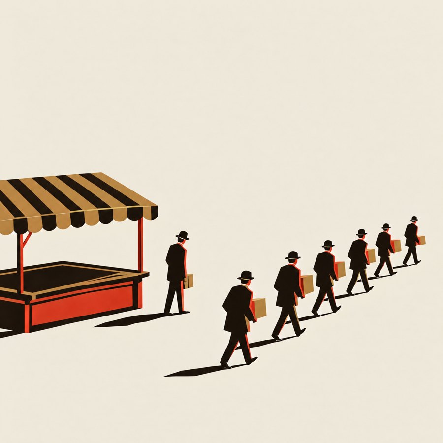 Men walk away from an empty market stall
