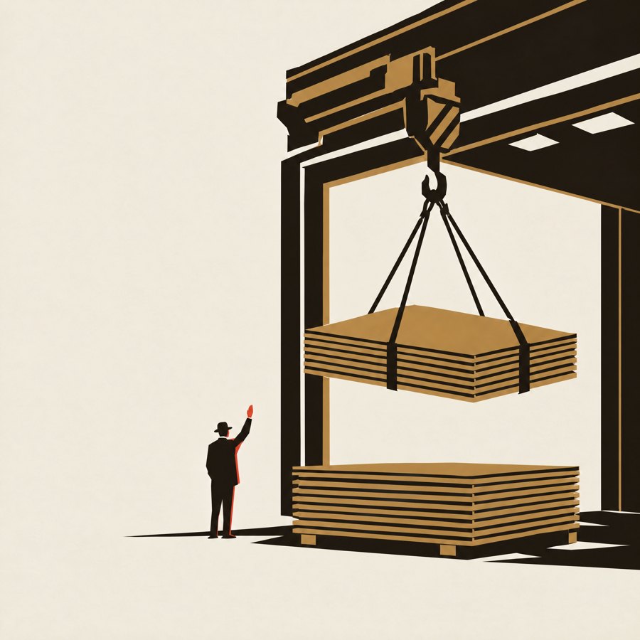 A crane lowers a bundle of copper sheets while a man watches