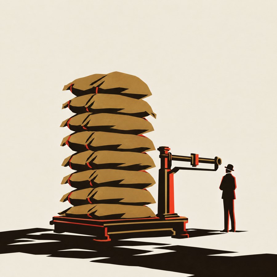 A tall stack of grain sacks on a weighing scale
