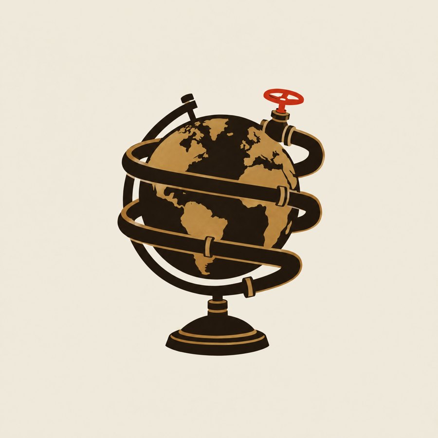A globe wrapped by a pipe with a red valve
