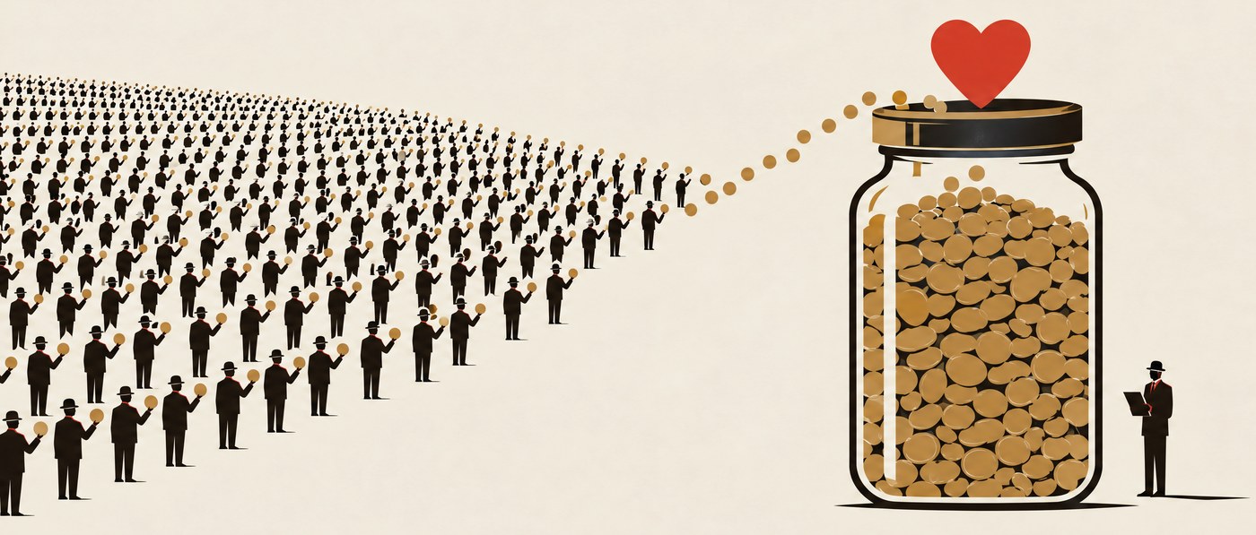 Огромная толпа опускает по монете в одну банку с красным сердцем на крышке